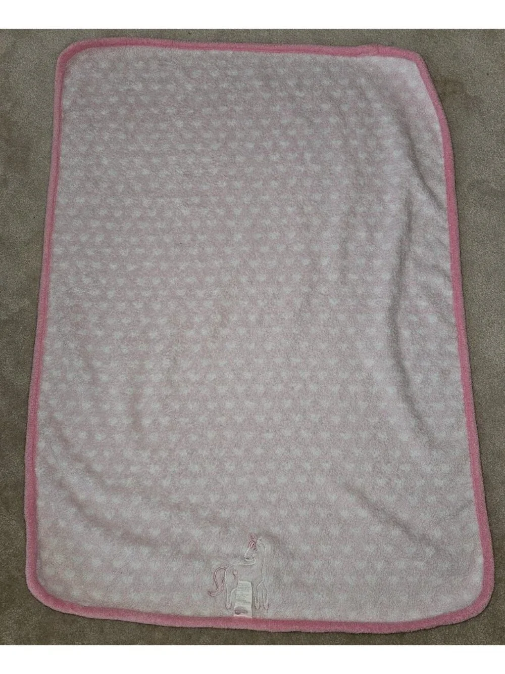 Parent's Choice Pink Fleece Baby Blanket Unicorn White Hearts 30x40